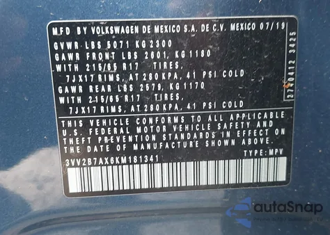 2019 Volkswagen Tiguan 2.0T Se/2.0T Sel/2.0T Sel R-Line/2.0T Sel R-Line Black from USA, damaged, VIN 3VV2B7AX6KM181341